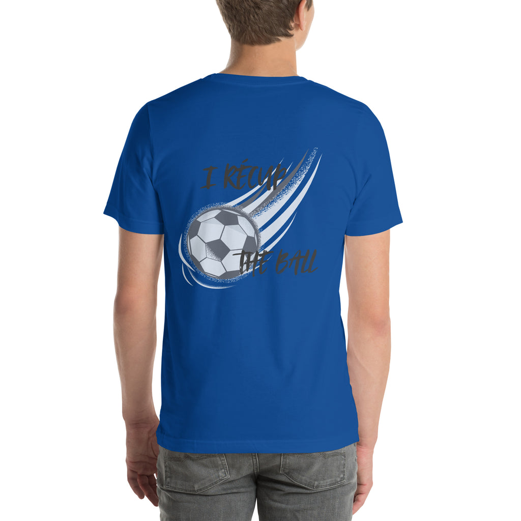 T-shirt unisex bleu avec flocage dans le dos "I récup the ball"