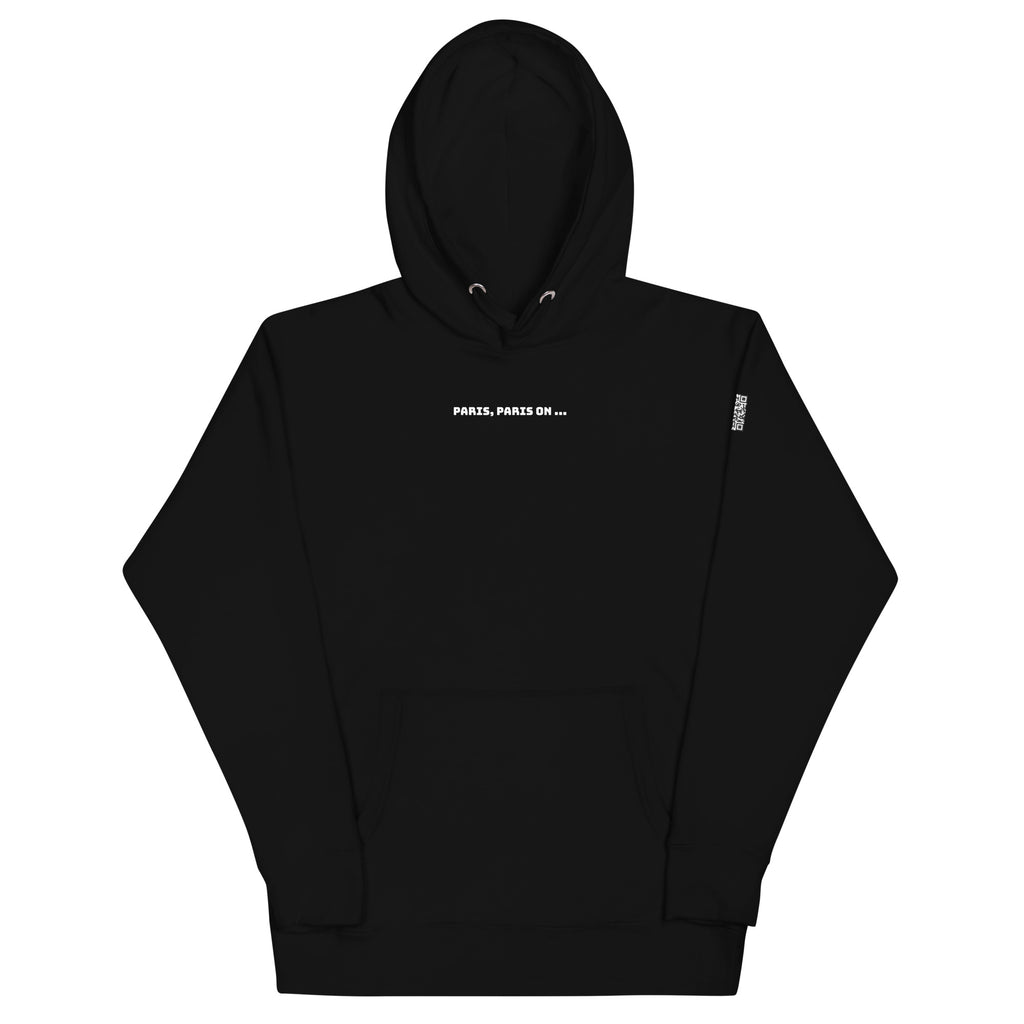Sweat unisex noir, floqué "Paris Parsi on..." sur le devant, et un QR code sur la manche qui renvoie à un stage entier qui chante la suite. 