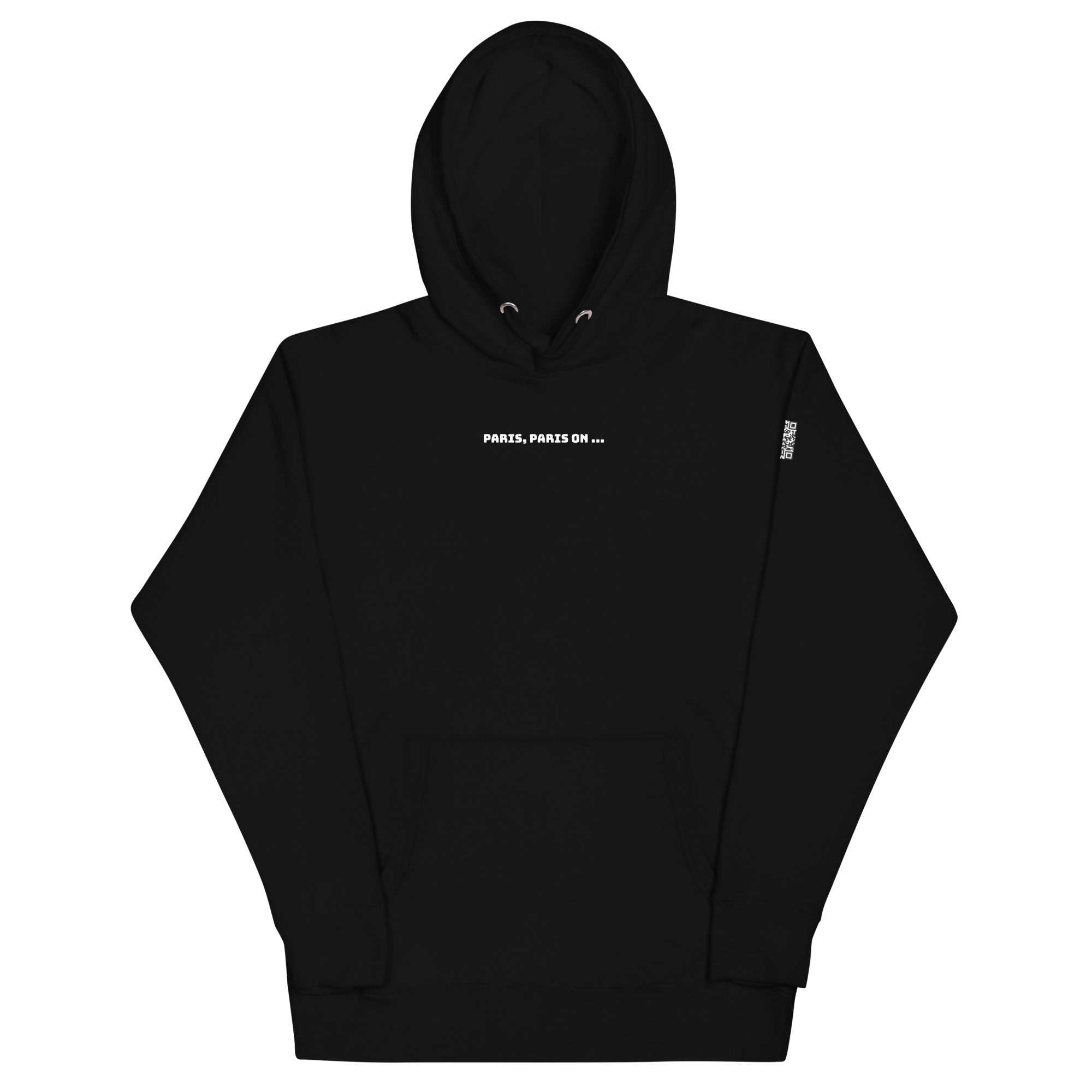 Sweat unisex noir, floqué "Paris Parsi on..." sur le devant, et un QR code sur la manche qui renvoie à un stage entier qui chante la suite. 