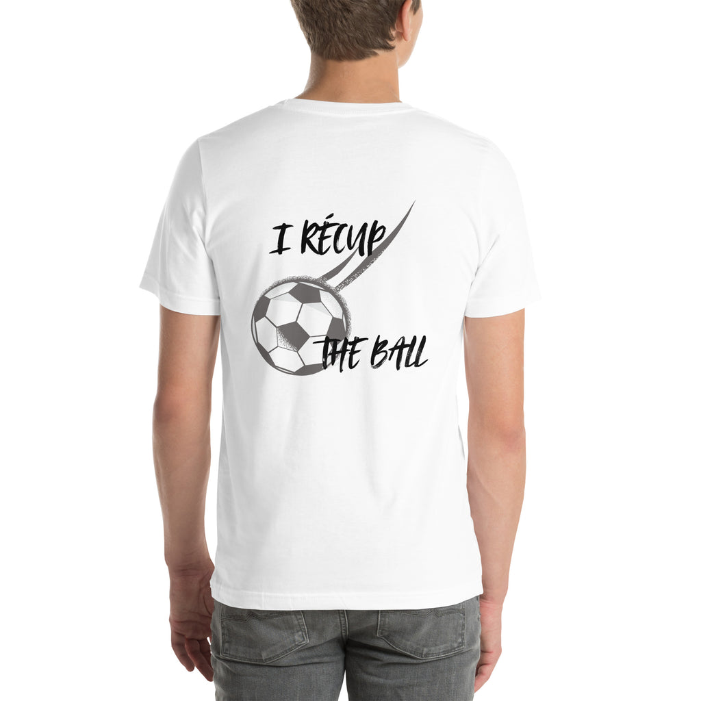 T-shirt unisex blanc avec flocage dans le dos "I récup the ball"