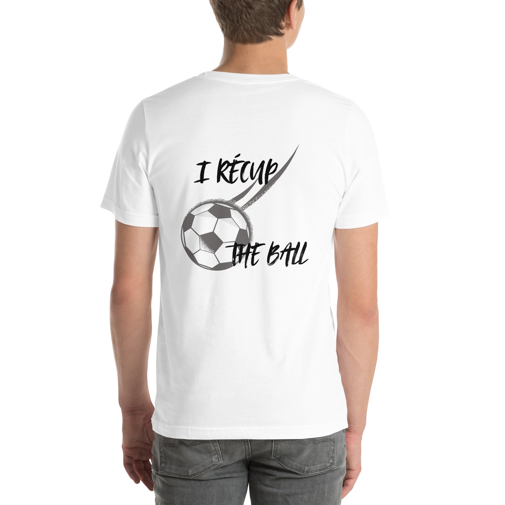 T-shirt unisex blanc avec flocage dans le dos "I récup the ball"