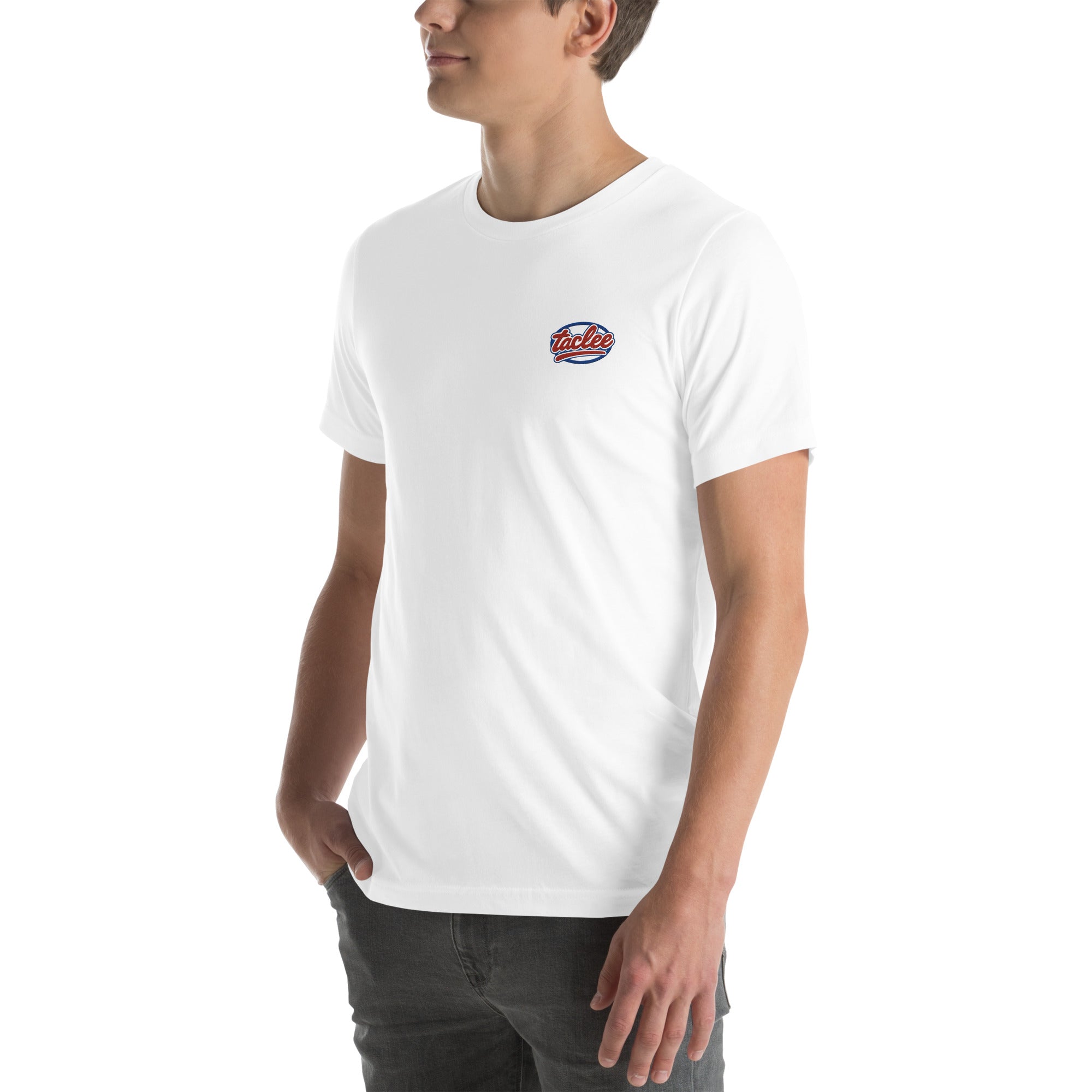 T-shirt unisex blanc brodé avec logo Taclee sur le torse.