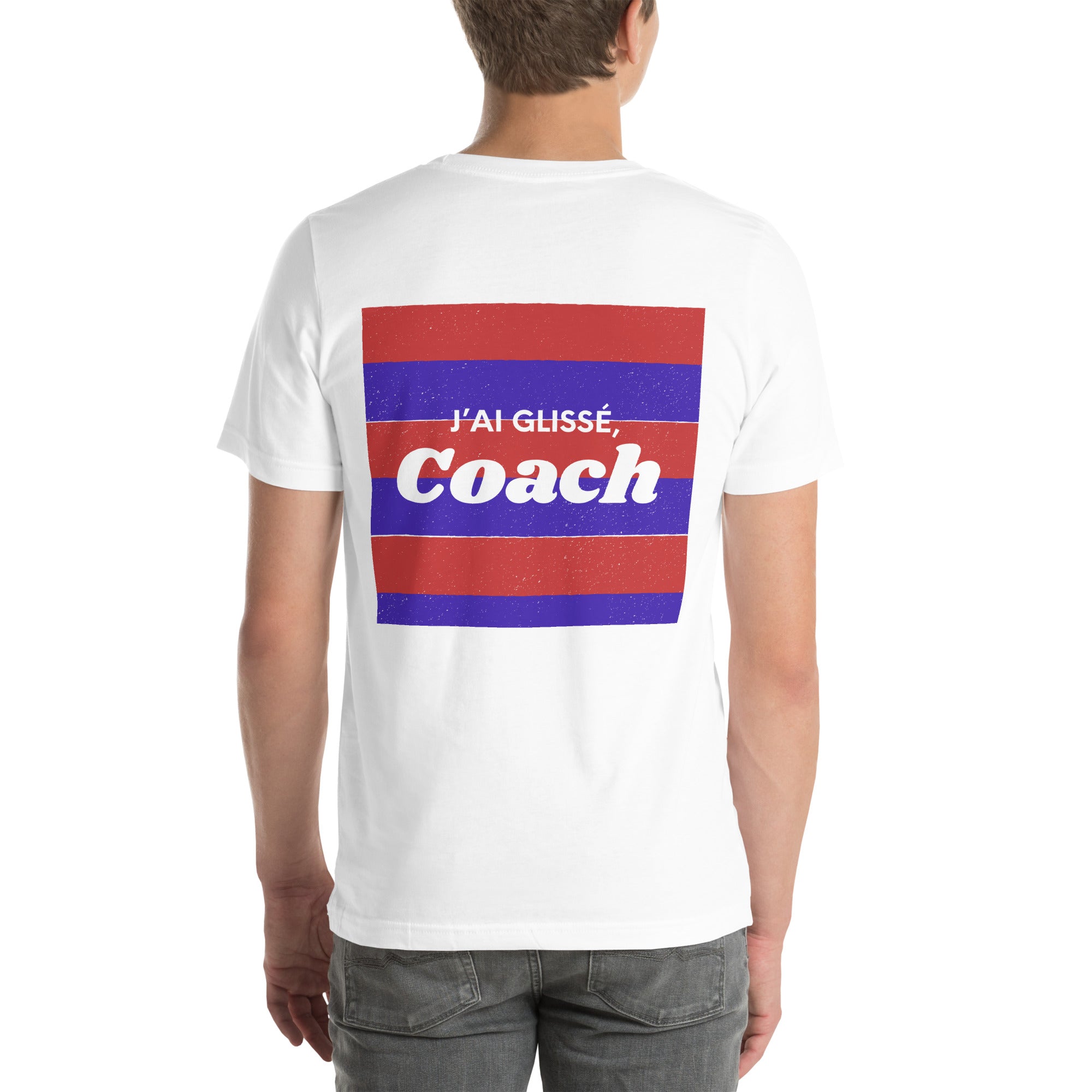 T shirt unisex blanc avec flocage dans le dos "J'ai glissé coach" 