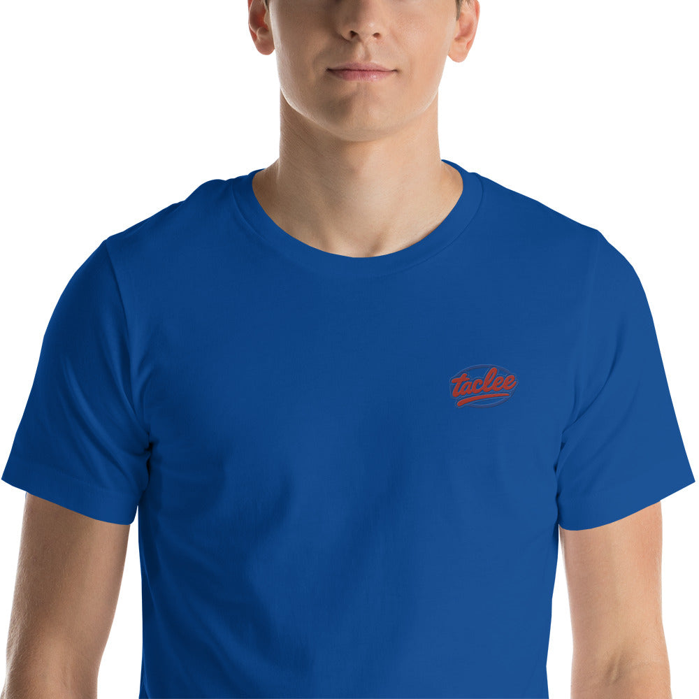 T-shirt unisex bleu avec logo Taclee brodé sur le torse.