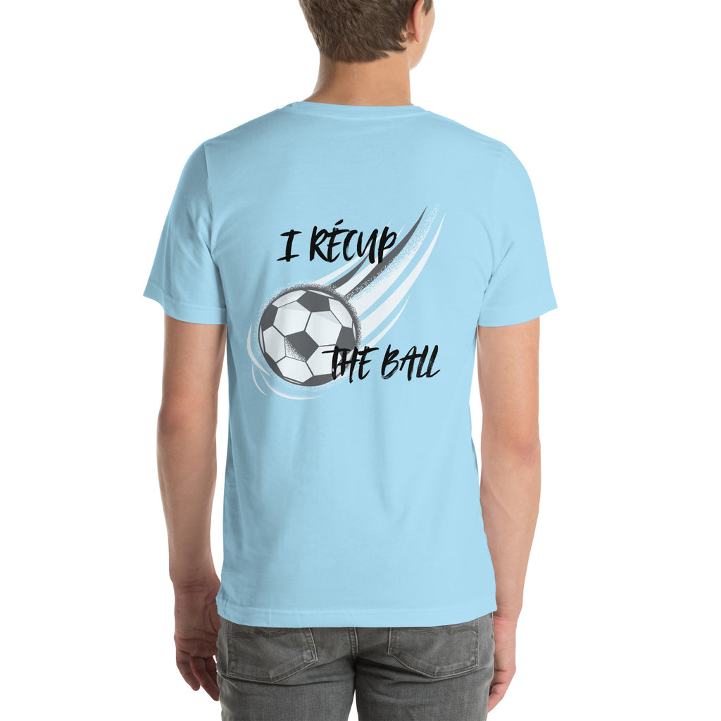 T-shirt unisex bleu ciel avec flocage dans le dos "I récup the ball"