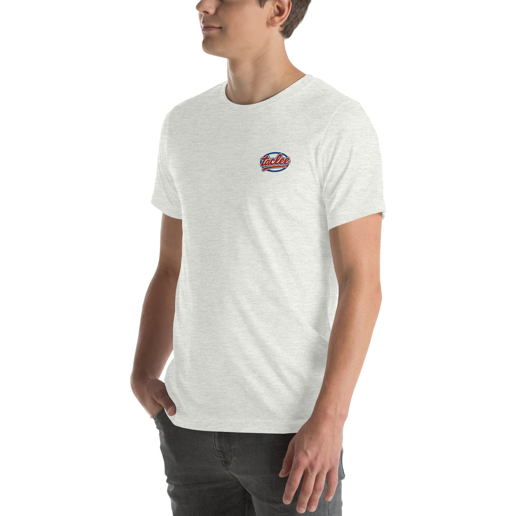 T-shirt unisex gris avec le logo taclee brodé sur le torse. 