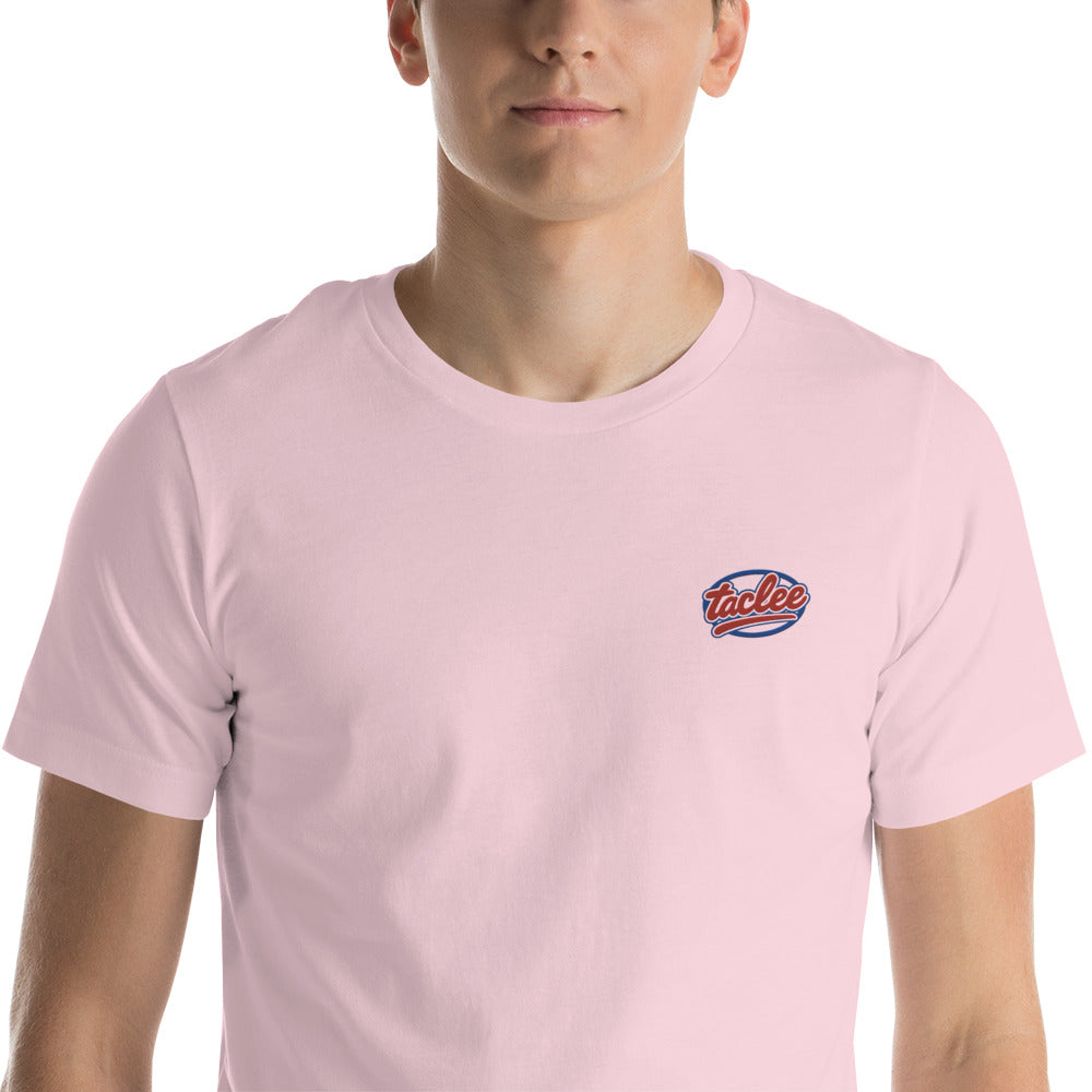 T-shirt unisex rose brodé avec logo Taclee sur le torse.