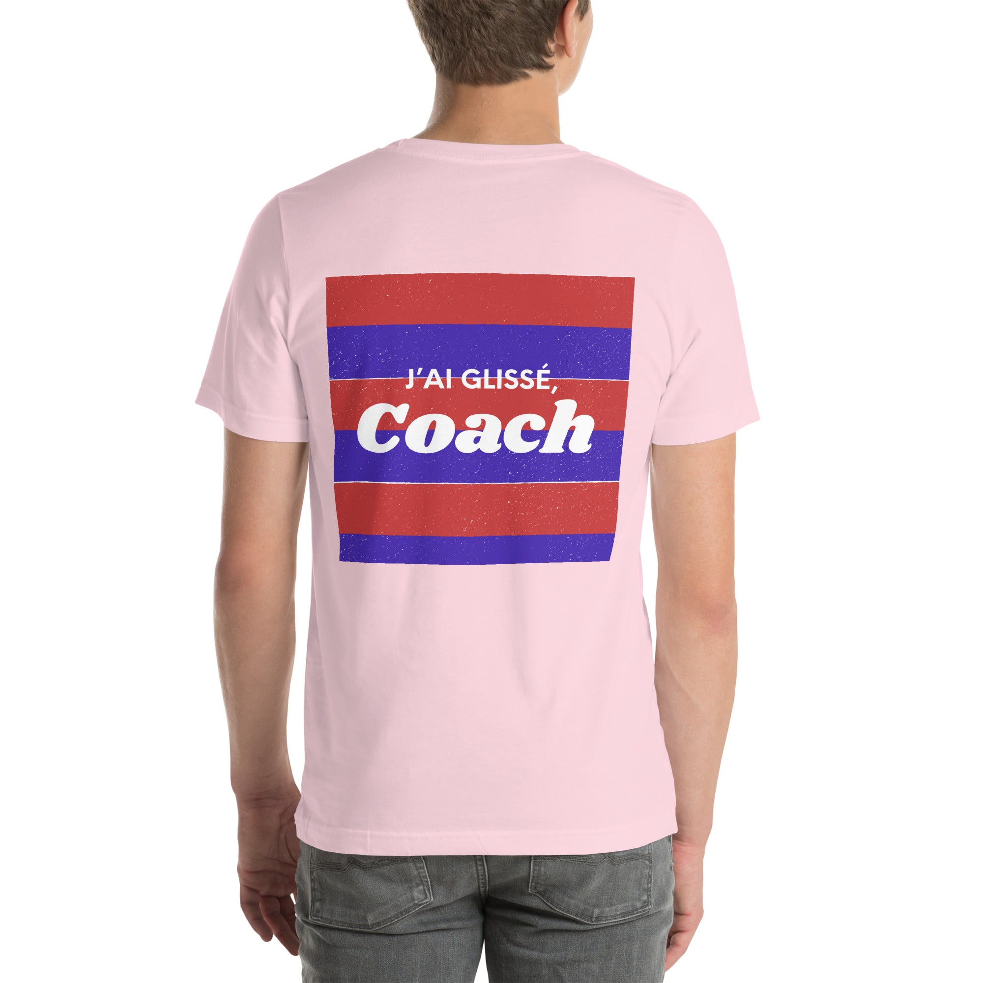 T shirt unisex rose avec flocage dans le dos "J'ai glissé coach" 