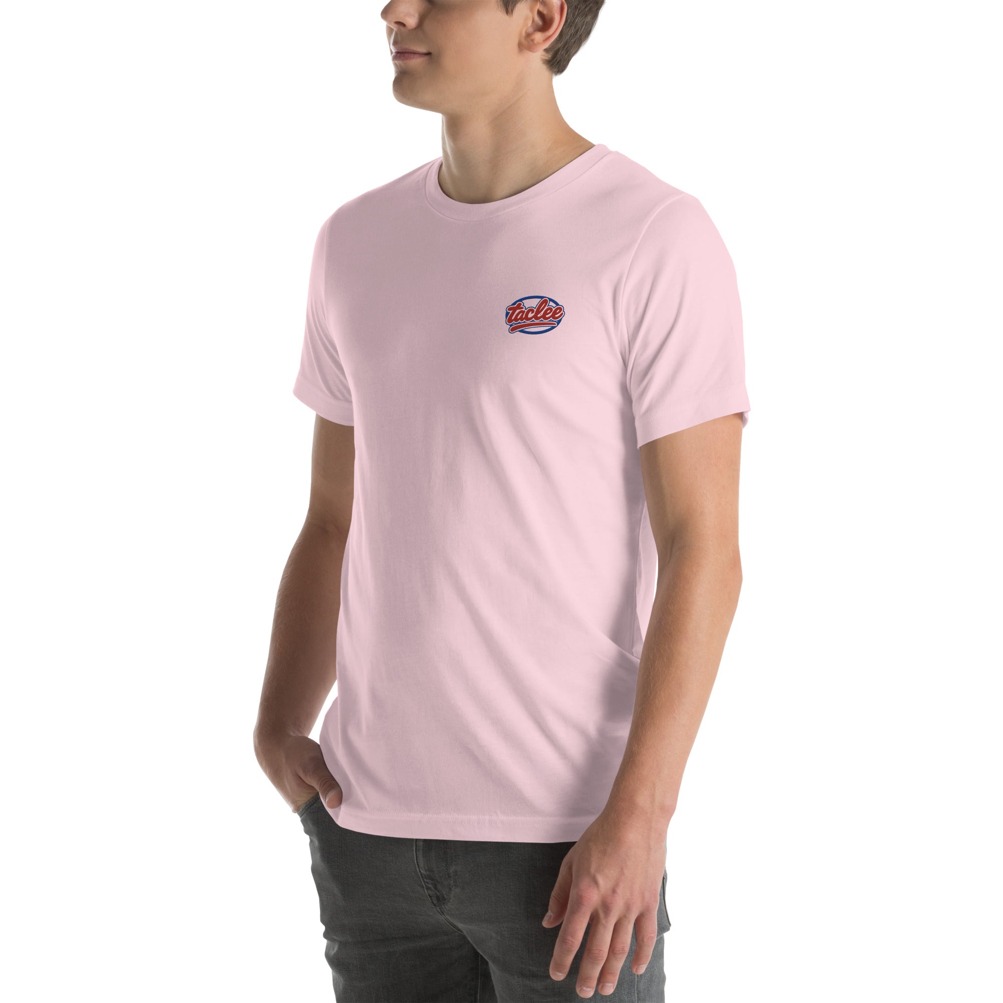 T-shirt unisex rose brodé avec logo Taclee sur le torse.