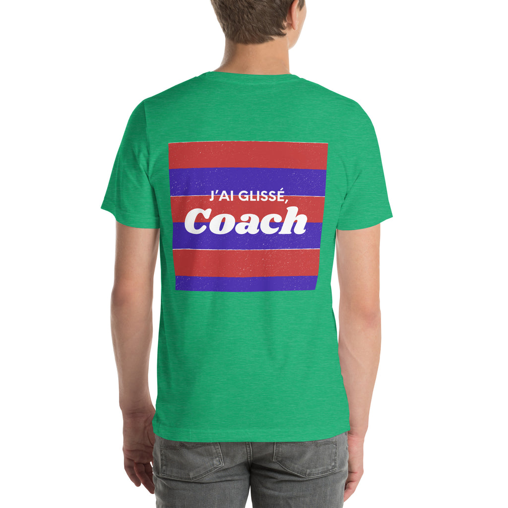T shirt unisex vert avec flocage dans le dos "J'ai glissé coach" 