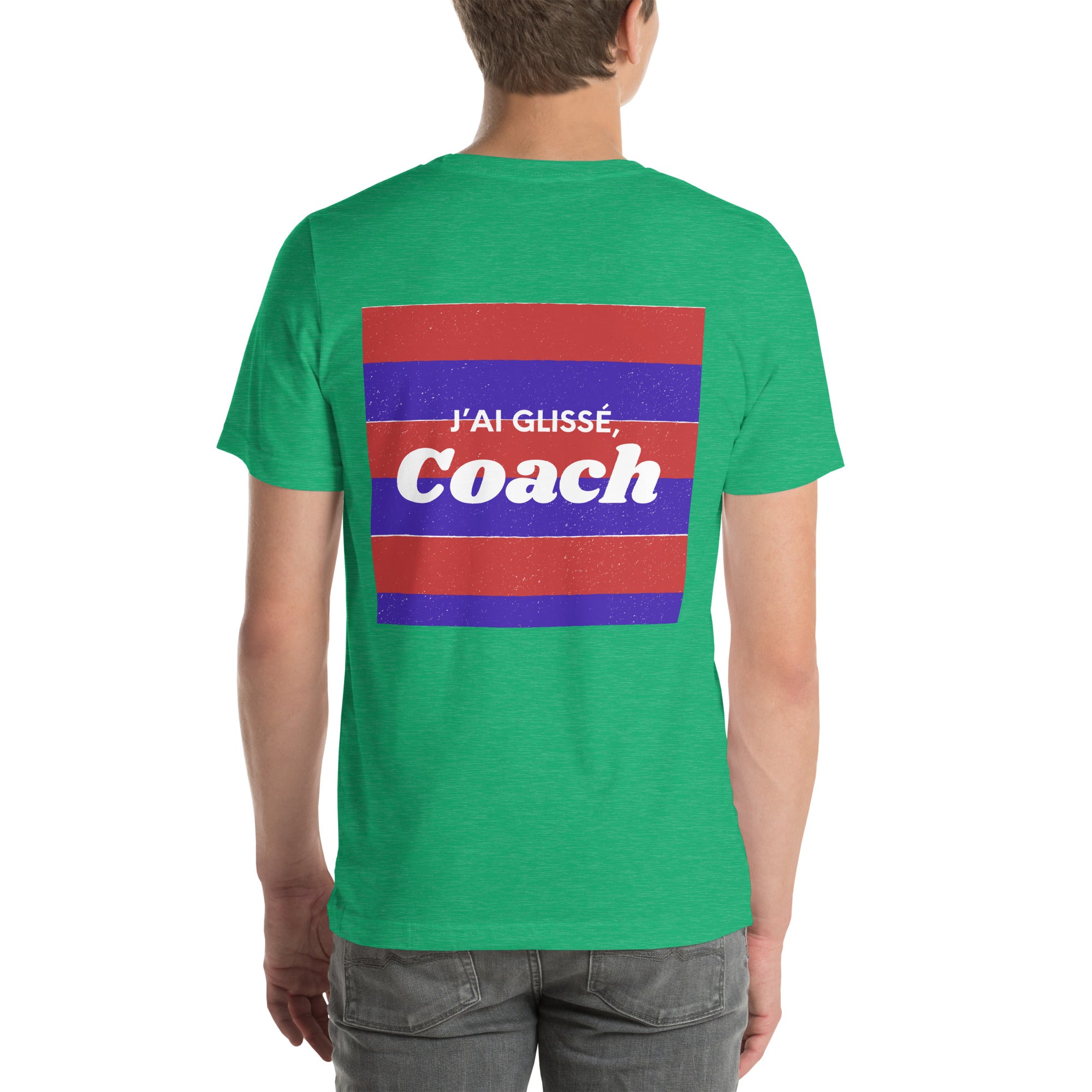 T shirt unisex vert avec flocage dans le dos "J'ai glissé coach" 