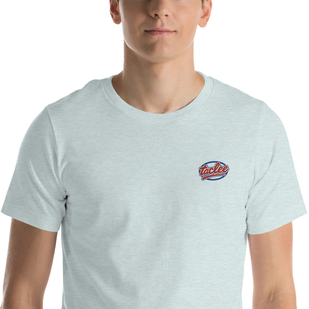 T-shirt unisex bleu clair brodé avec logo Taclee sur le torse.