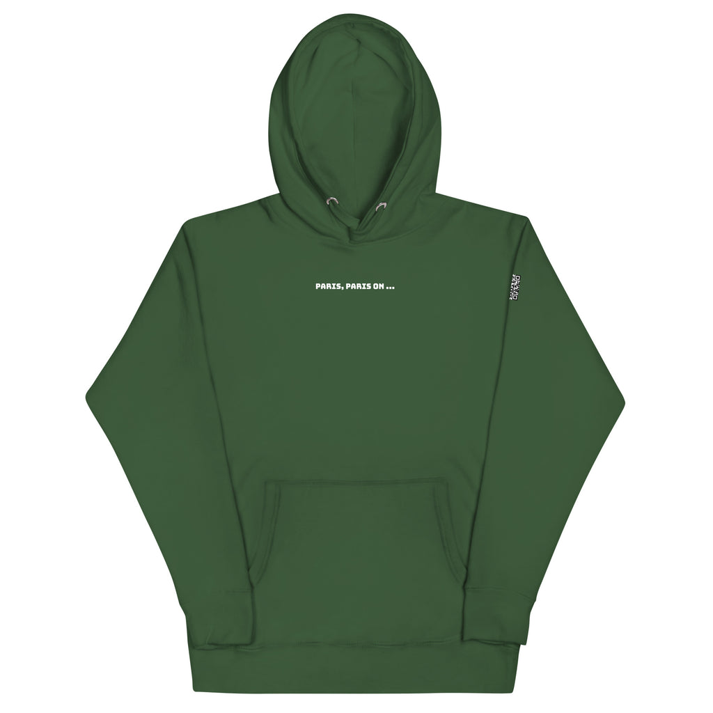 Sweat à capuche  unisex vert kaki, floqué "Paris Parsi on..." sur le devant, et un QR code sur la manche qui renvoie à un stage entier qui chante la suite. 