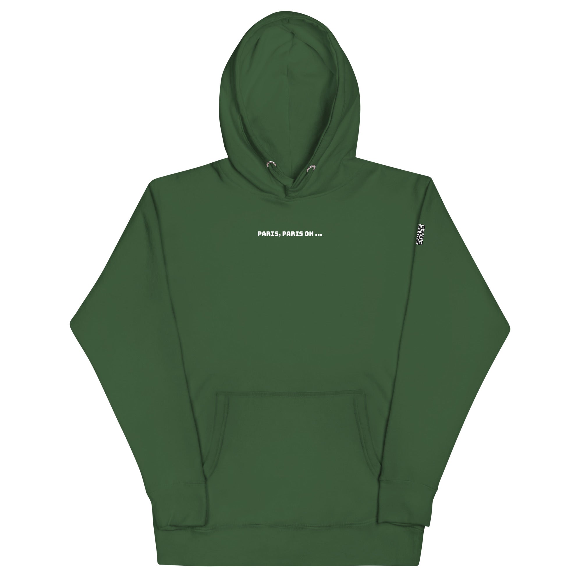Sweat à capuche  unisex vert kaki, floqué "Paris Parsi on..." sur le devant, et un QR code sur la manche qui renvoie à un stage entier qui chante la suite. 